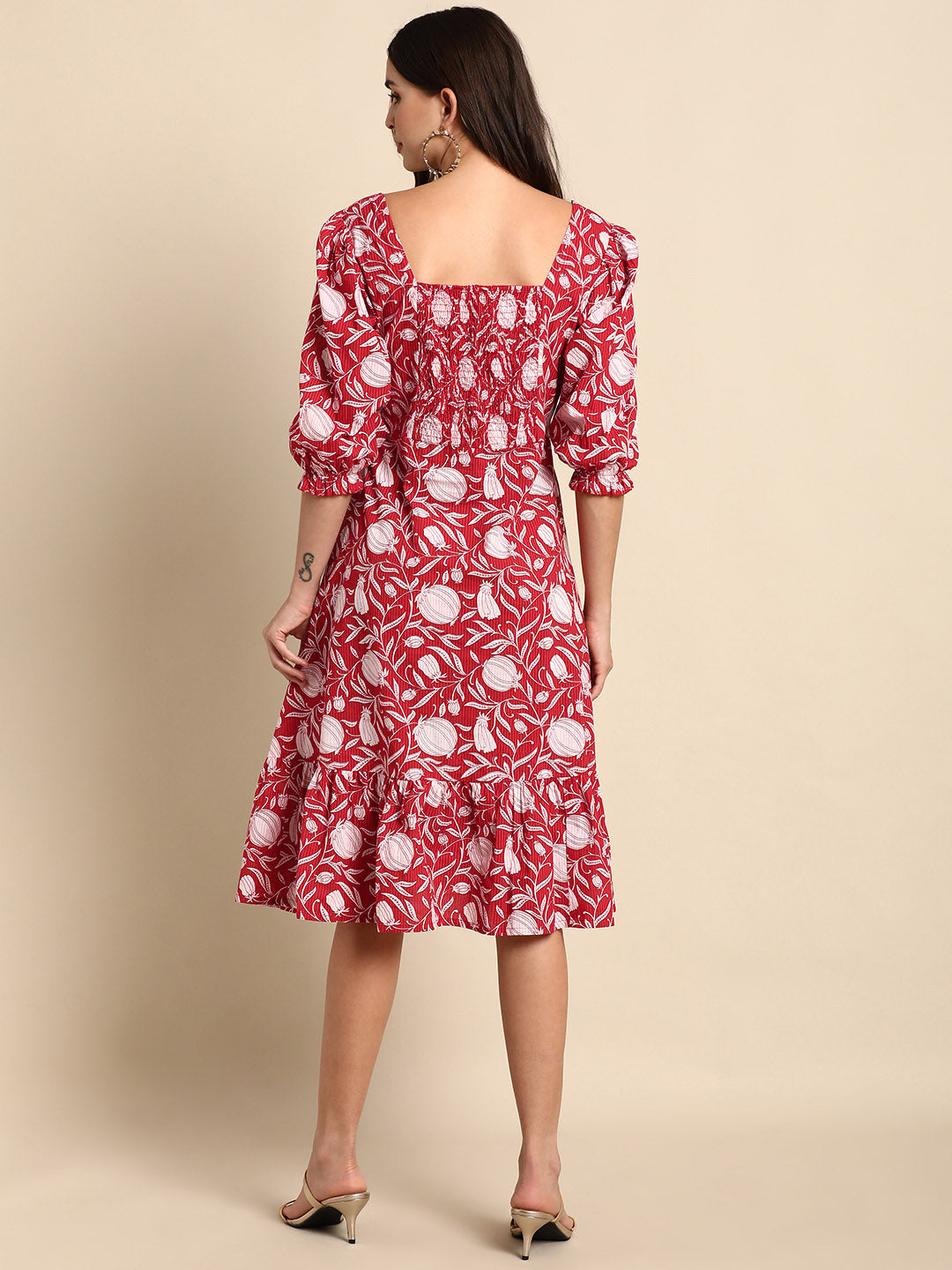 Janasya Women's Red Cotton Floral Printed A-line Western Dress 