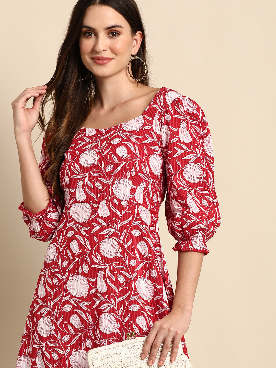 Janasya Women's Red Cotton Floral Printed A-line Western Dress 