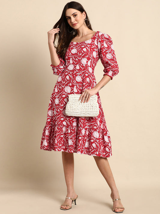 Janasya Women's Red Cotton Floral Printed A-line Western Dress 