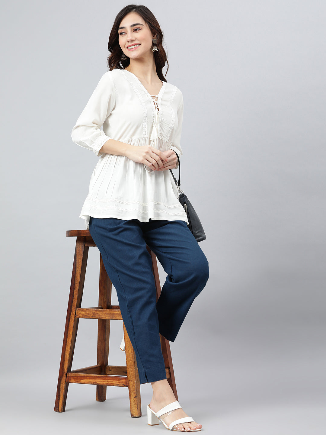 Janasya Women's White Rayon Solid Flared Top 