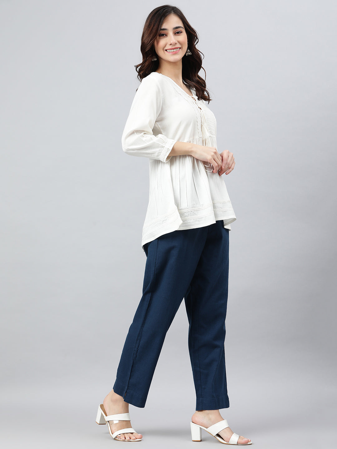 Janasya Women's White Rayon Solid Flared Top 