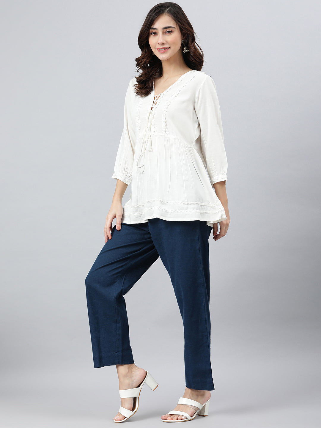 Janasya Women's White Rayon Solid Flared Top 