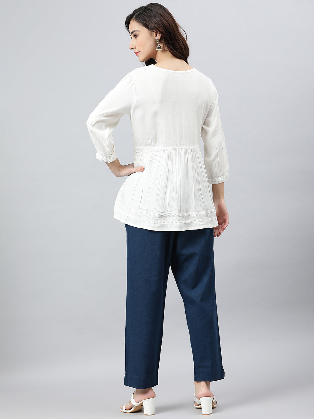 Janasya Women's White Rayon Solid Flared Top 