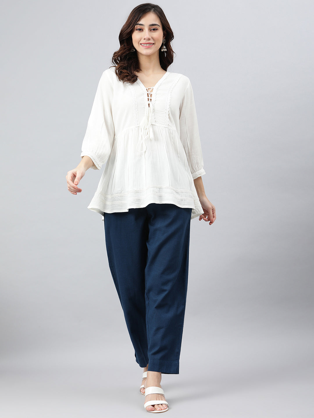 Janasya Women's White Rayon Solid Flared Top 