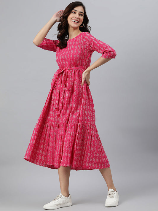 Janasya Women's Pink Cotton Woven Design Tiered Western Dress 