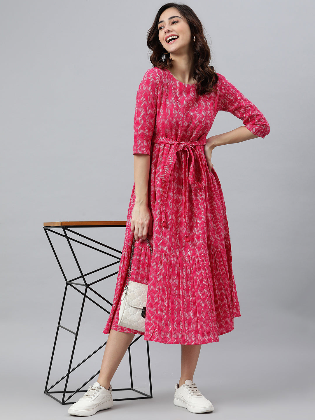 Janasya Women's Pink Cotton Woven Design Tiered Western Dress 