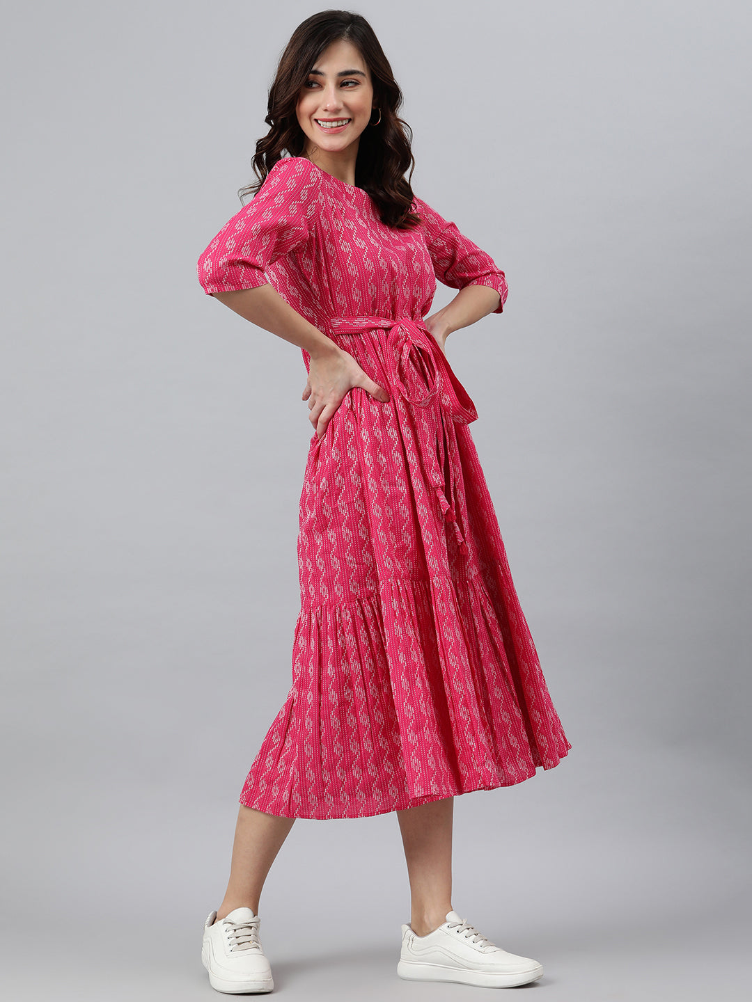 Janasya Women's Pink Cotton Woven Design Tiered Western Dress 