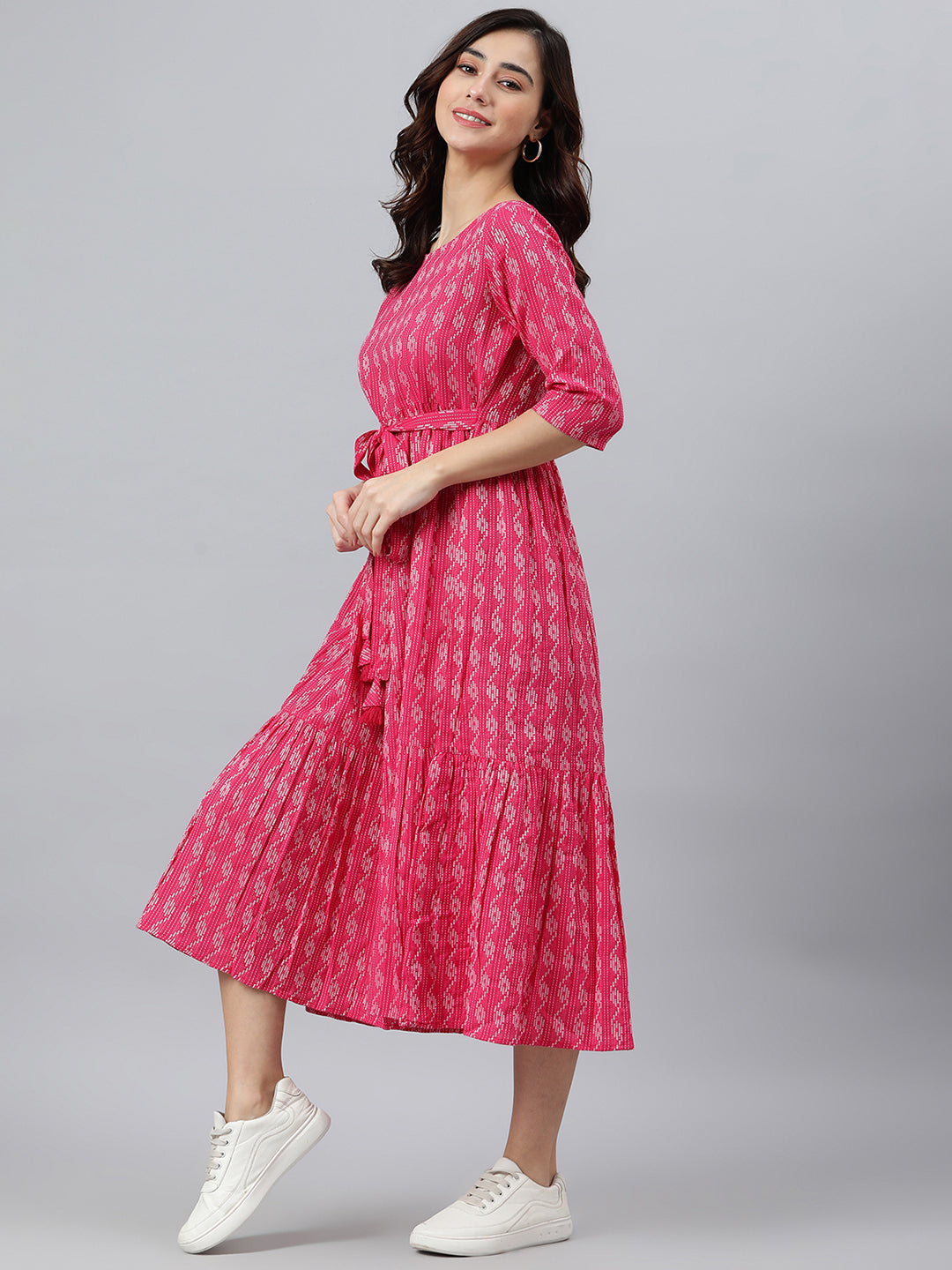Janasya Women's Pink Cotton Woven Design Tiered Western Dress 