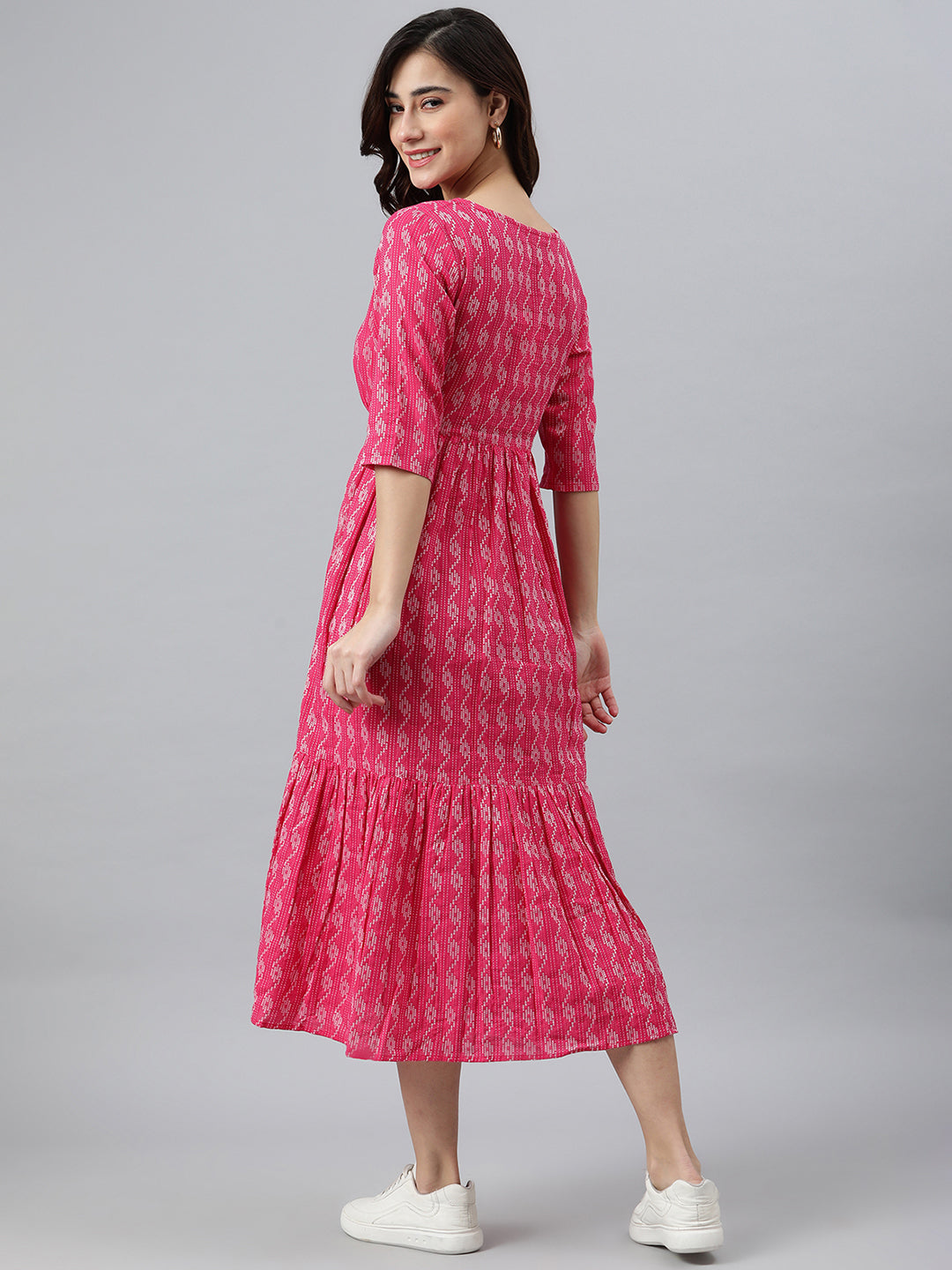 Janasya Women's Pink Cotton Woven Design Tiered Western Dress 