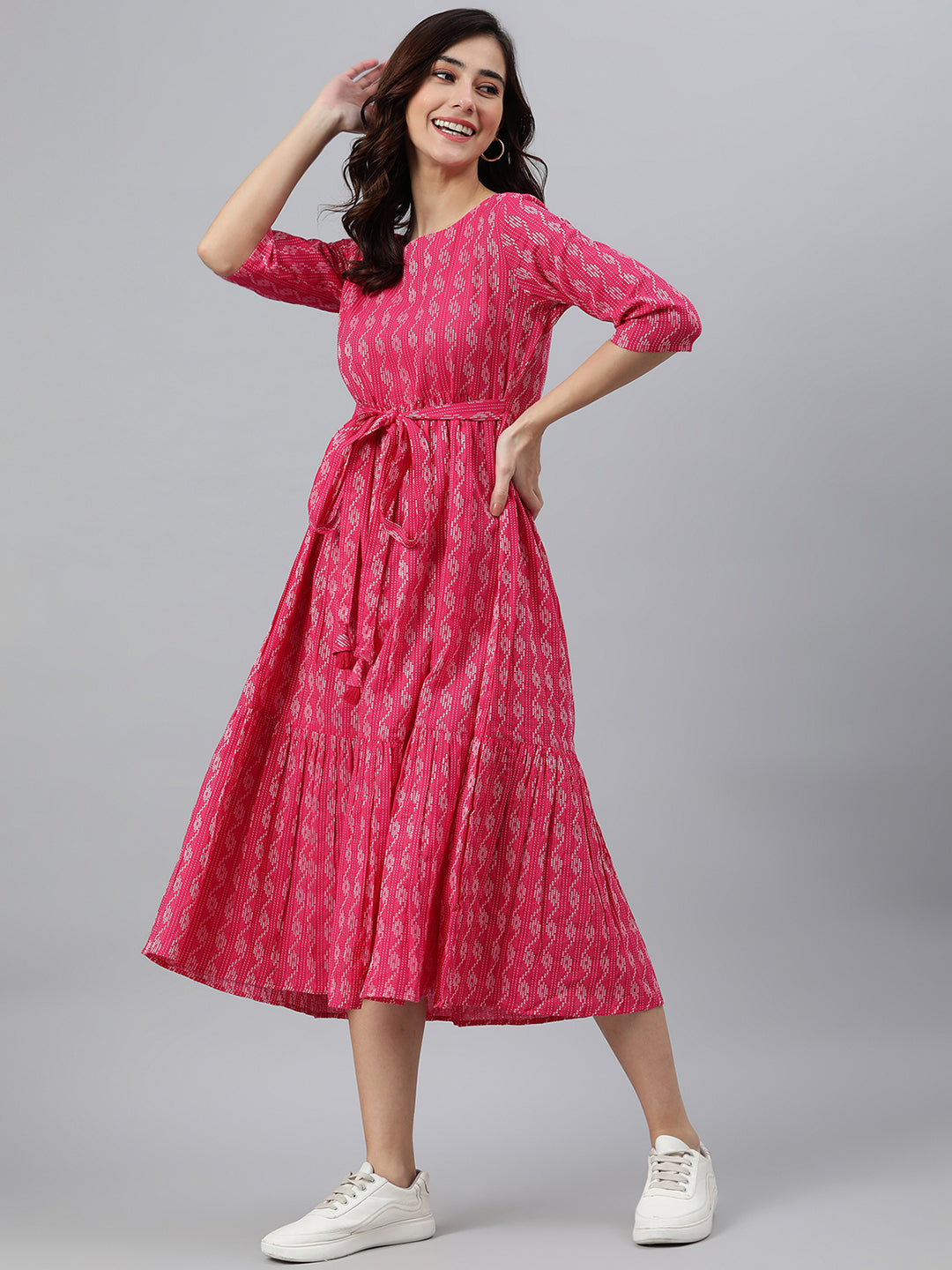 Janasya Women's Pink Cotton Woven Design Tiered Western Dress 