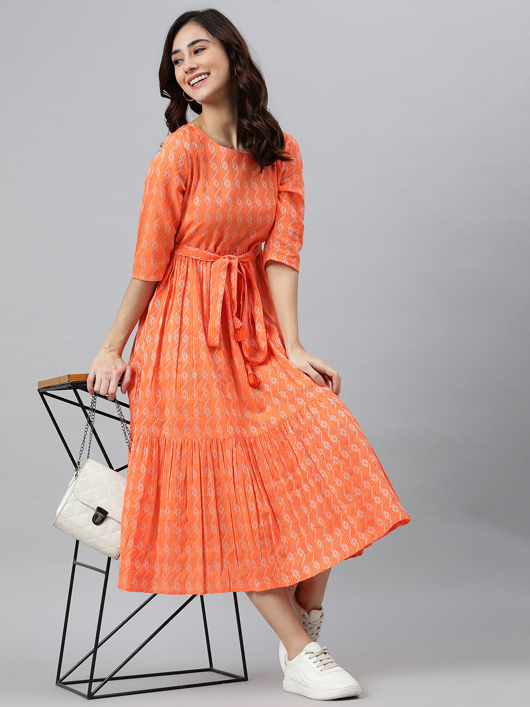 Janasya Women's Orange Cotton Woven Design Tiered Western Dress 