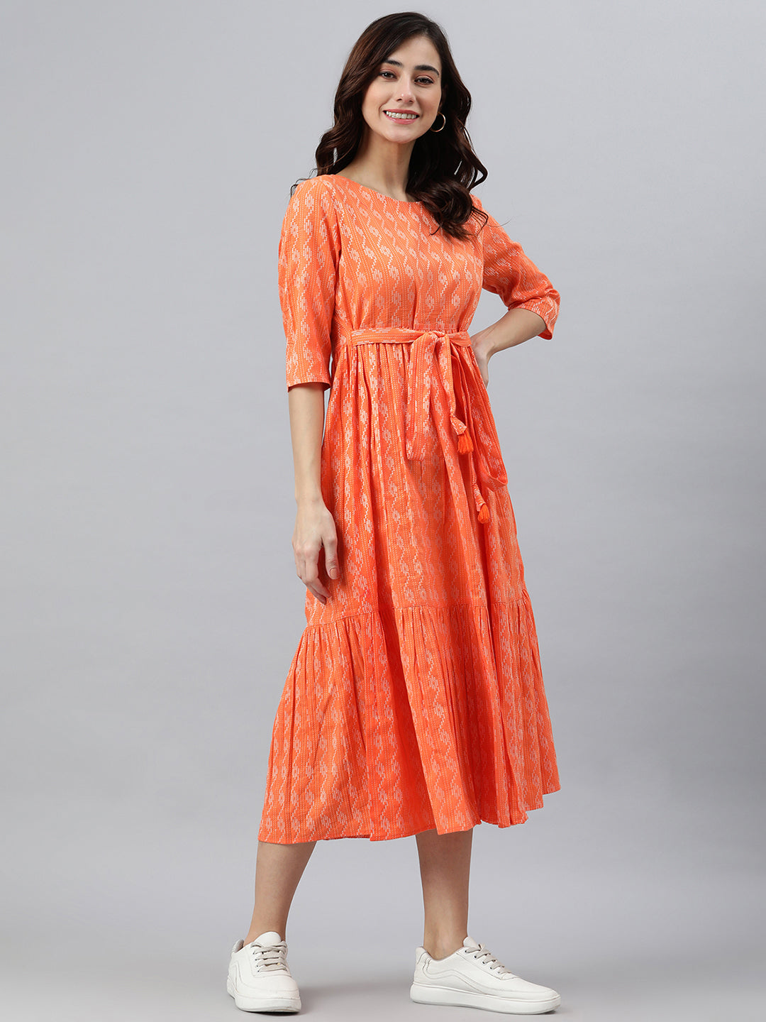 Janasya Women's Orange Cotton Woven Design Tiered Western Dress 