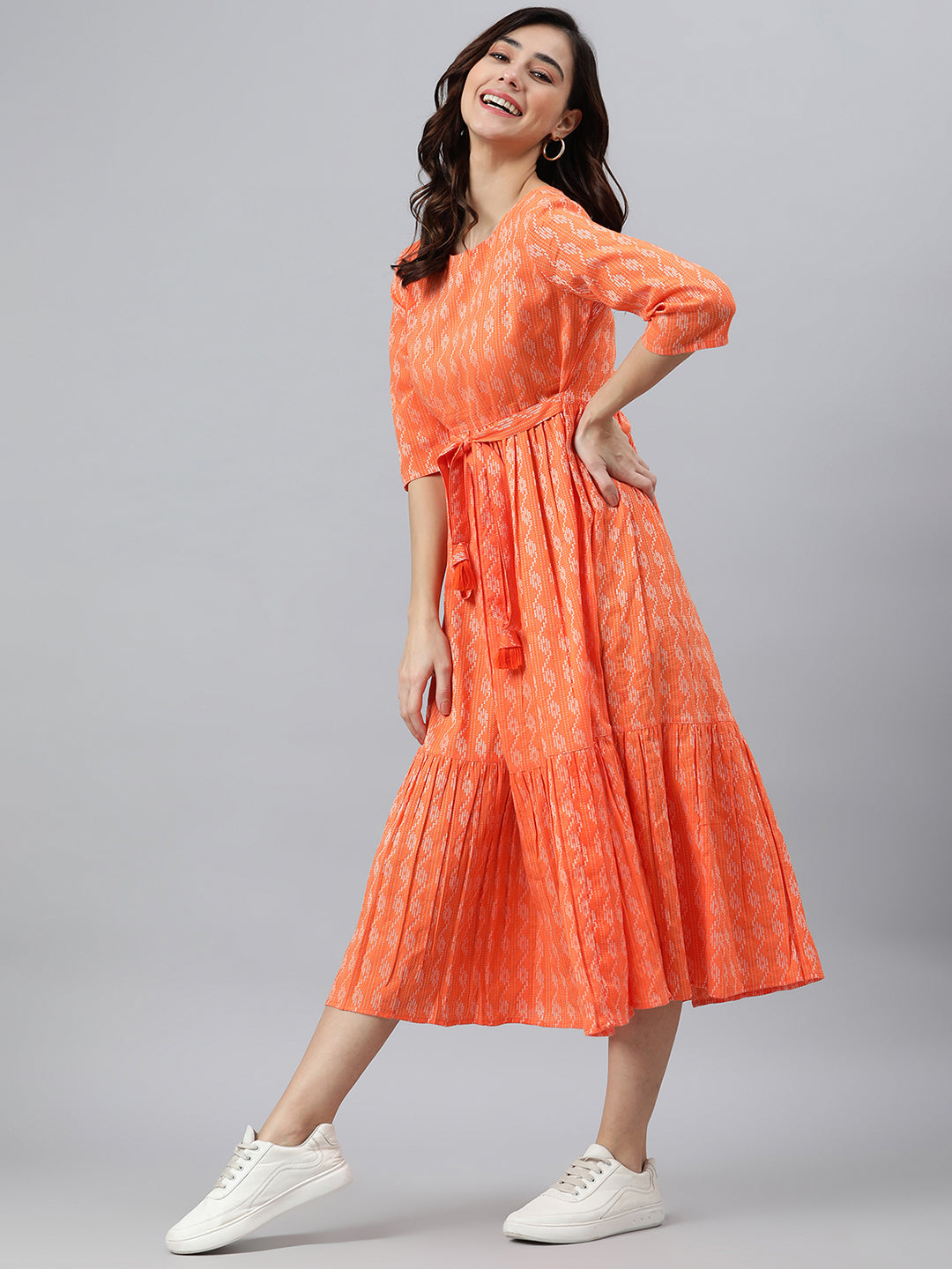 Janasya Women's Orange Cotton Woven Design Tiered Western Dress 