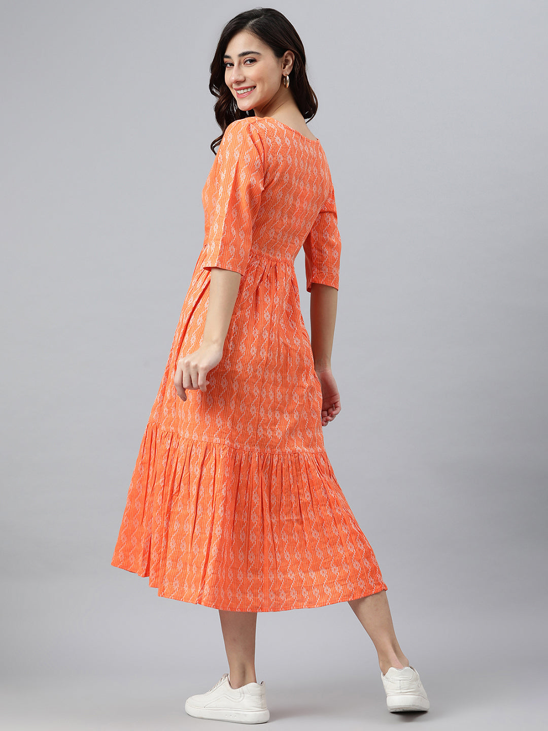 Janasya Women's Orange Cotton Woven Design Tiered Western Dress 