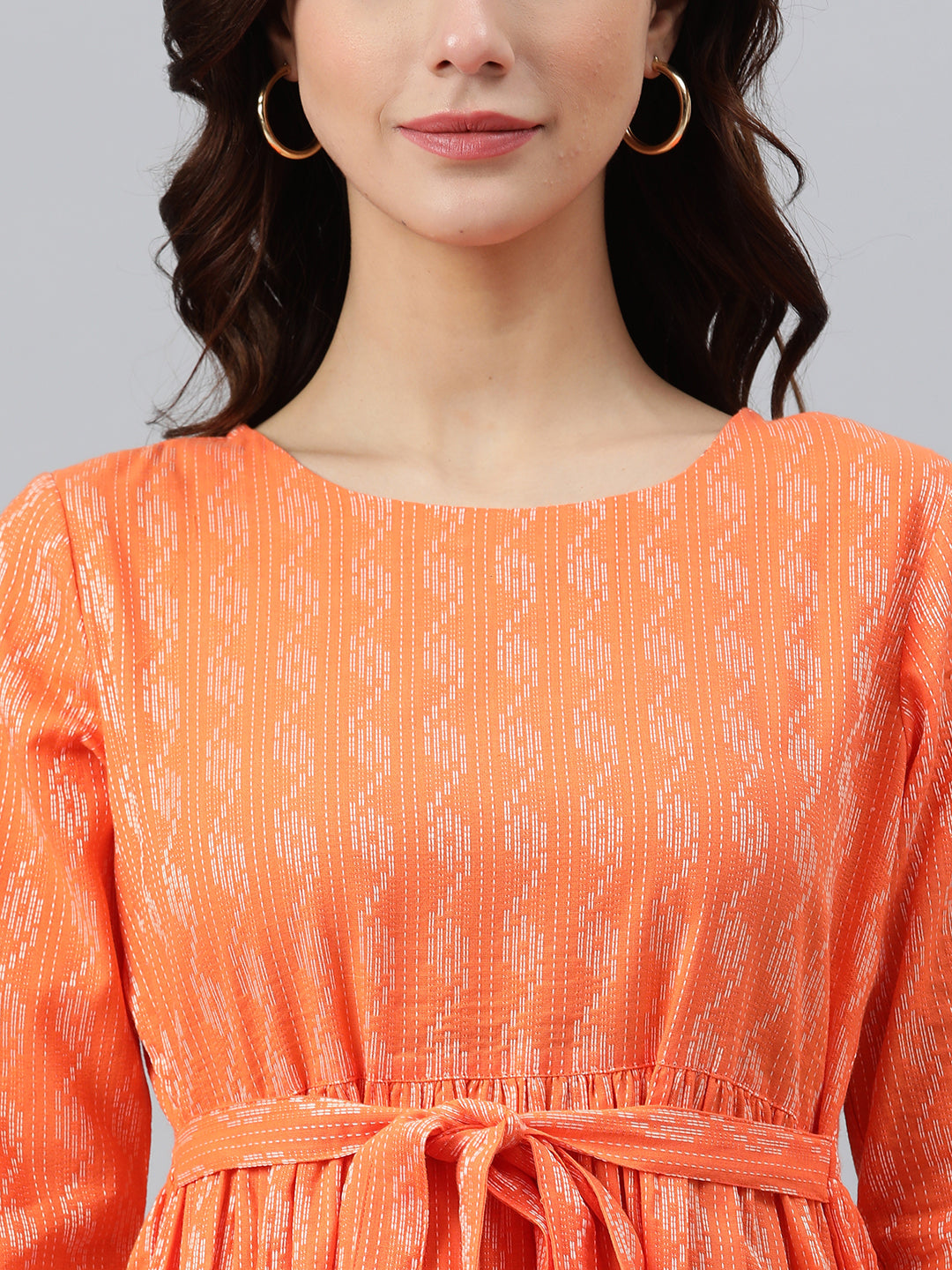 Janasya Women's Orange Cotton Woven Design Tiered Western Dress 