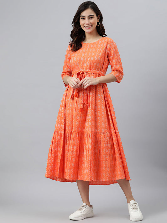 Janasya Women's Orange Cotton Woven Design Tiered Western Dress 