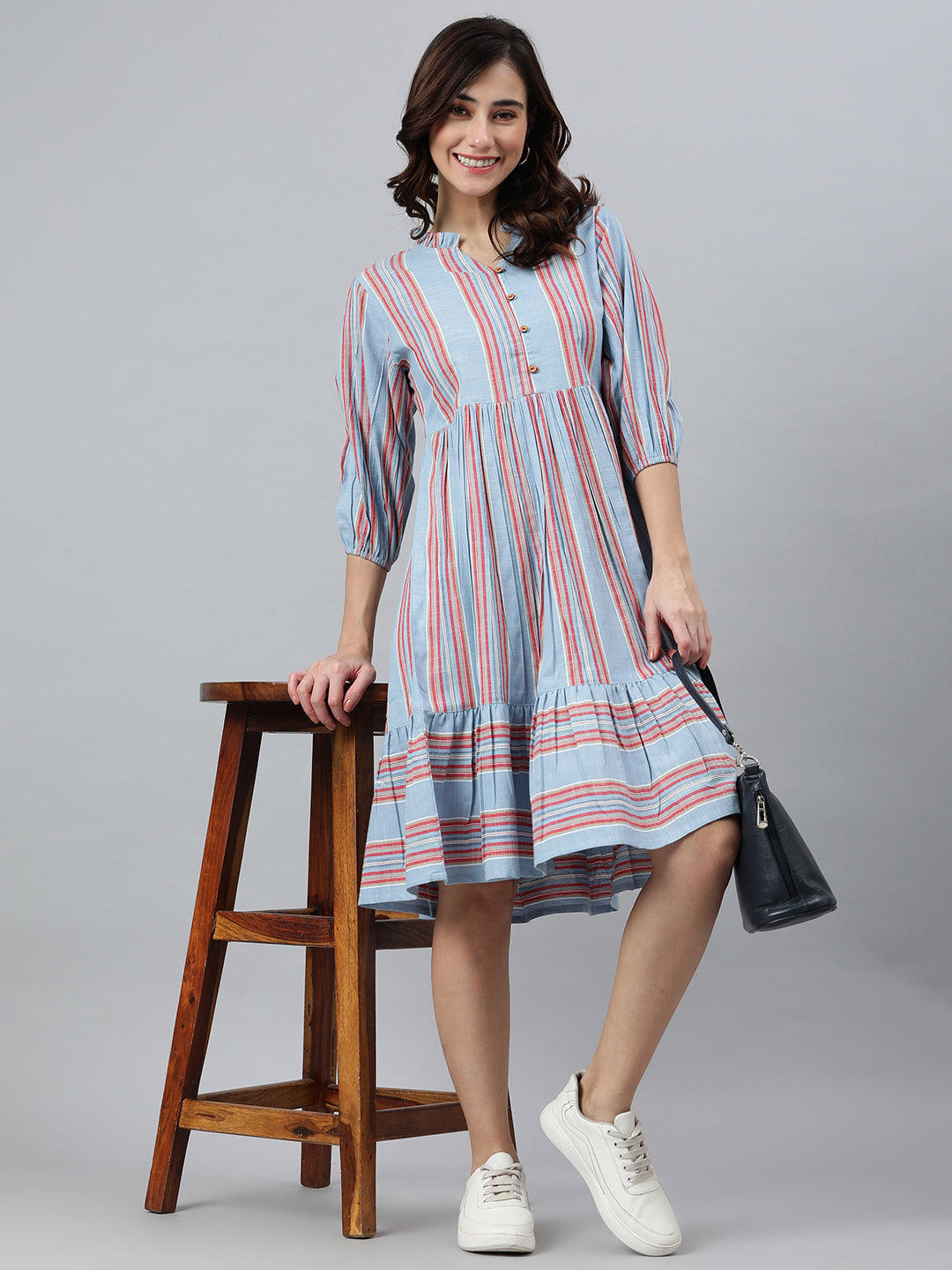 Janasya Women's Sky Blue Cotton Blend Striped Flared Western Dress 