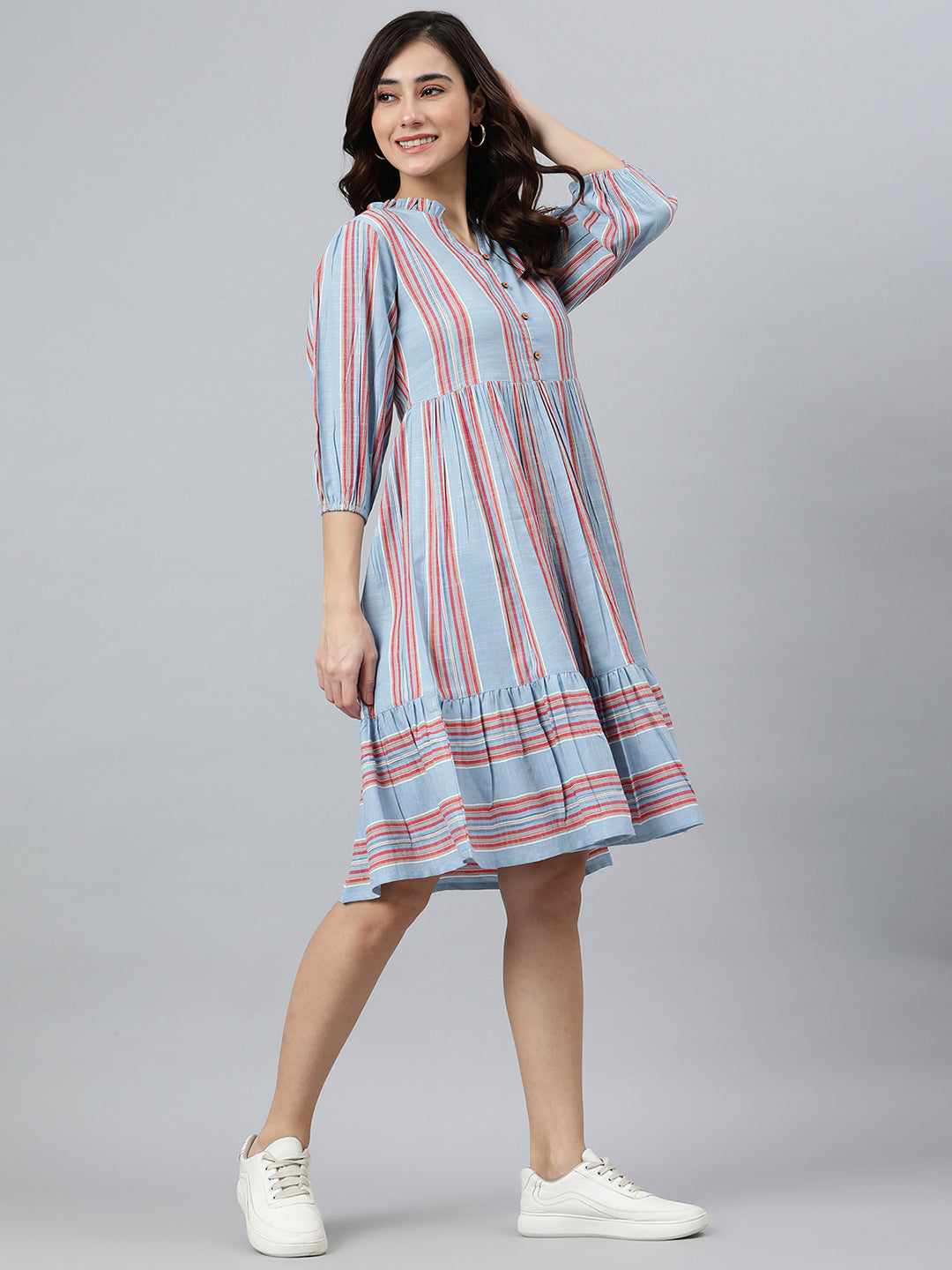 Janasya Women's Sky Blue Cotton Blend Striped Flared Western Dress 