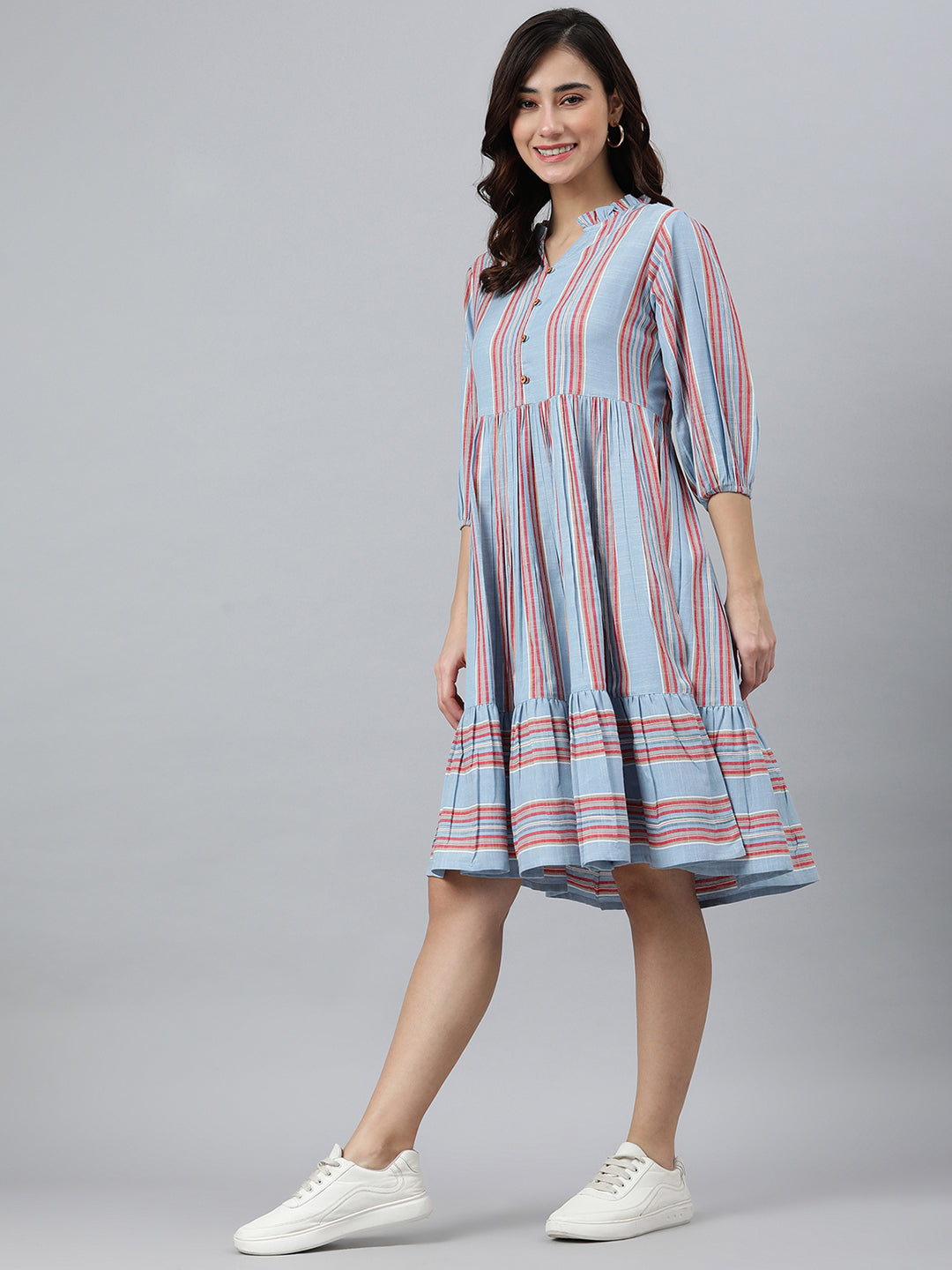 Janasya Women's Sky Blue Cotton Blend Striped Flared Western Dress 