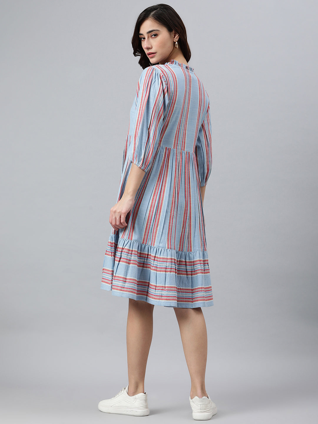 Janasya Women's Sky Blue Cotton Blend Striped Flared Western Dress 