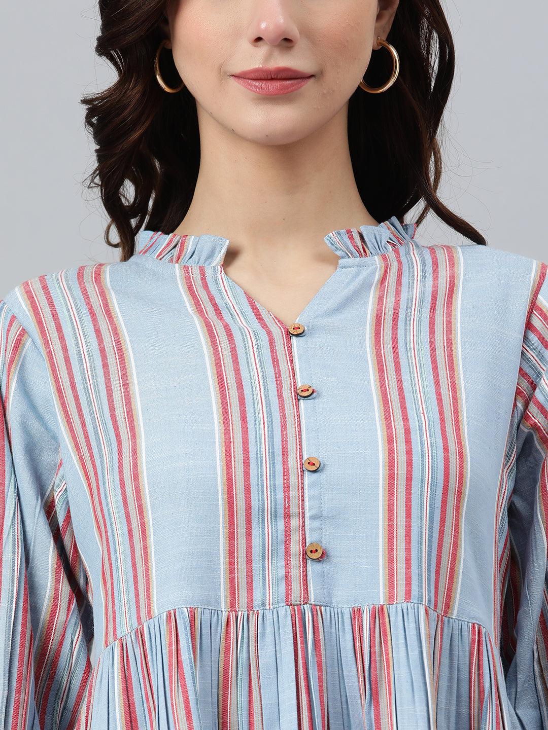 Janasya Women's Sky Blue Cotton Blend Striped Flared Western Dress 