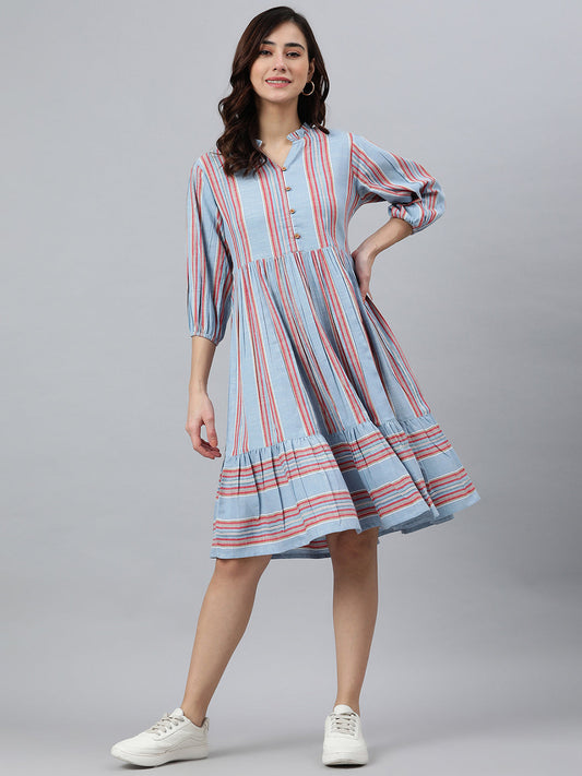 Janasya Women's Sky Blue Cotton Blend Striped Flared Western Dress 
