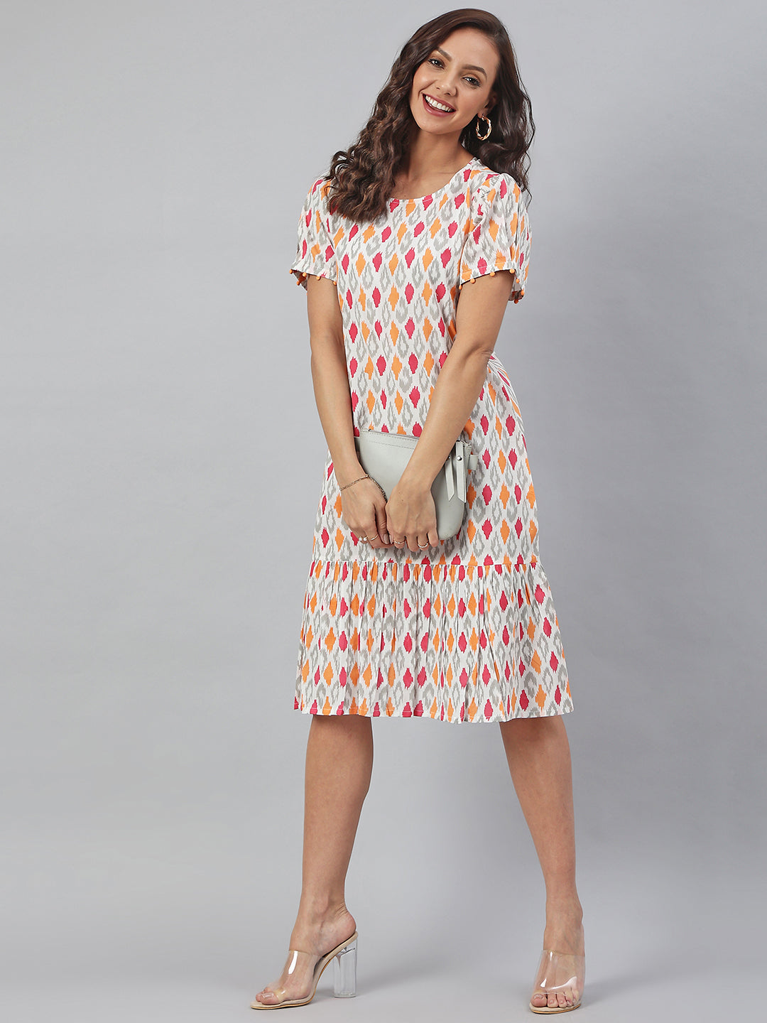 Janasya Women's Off White Cotton Printed A-line Western Dress 