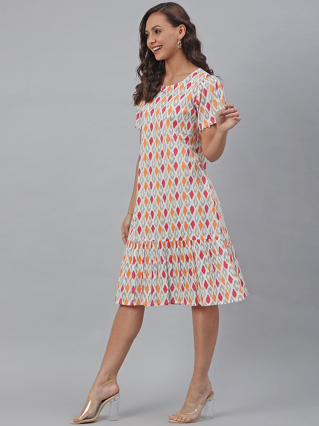 Janasya Women's Off White Cotton Printed A-line Western Dress 