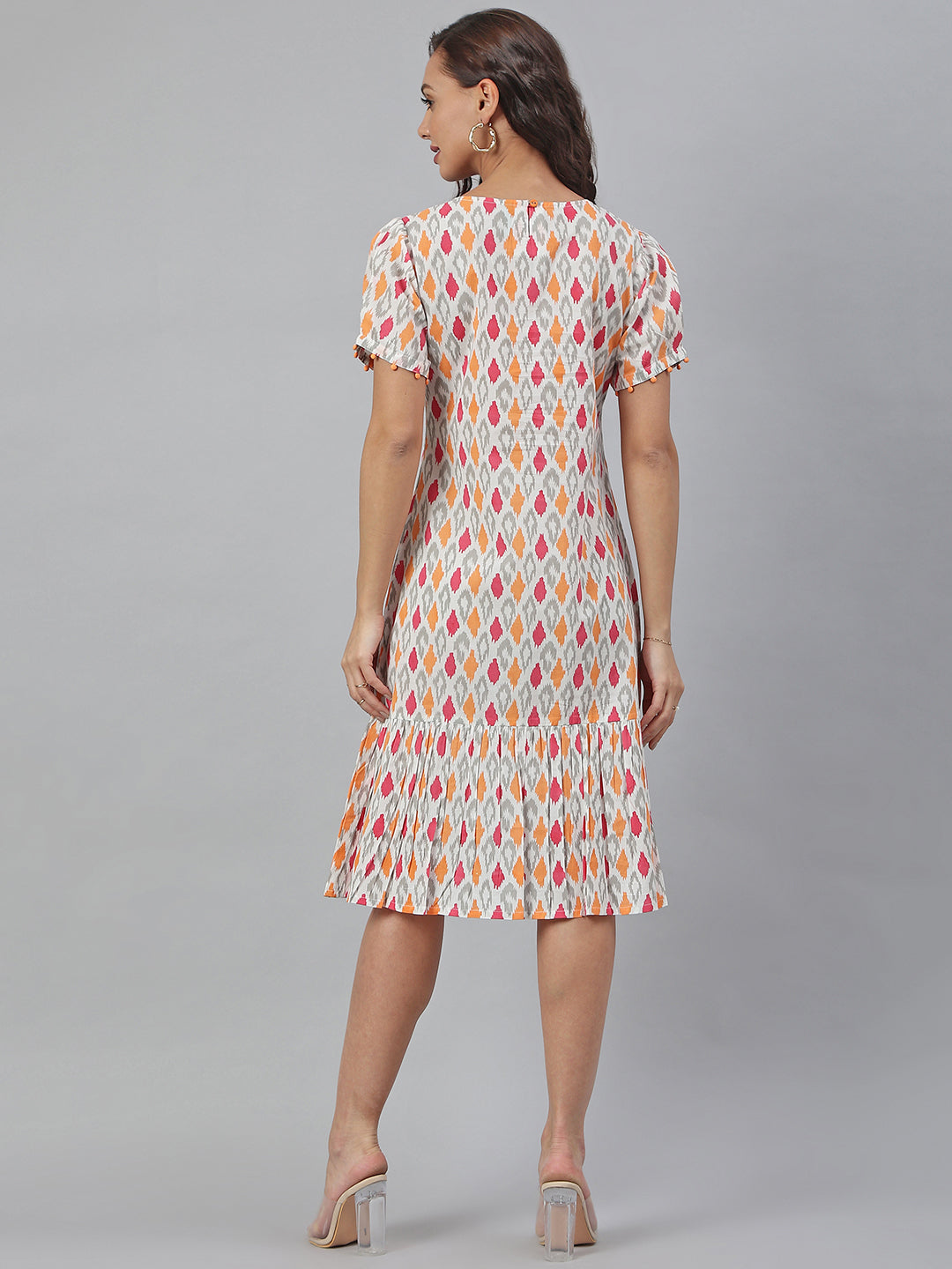 Janasya Women's Off White Cotton Printed A-line Western Dress 