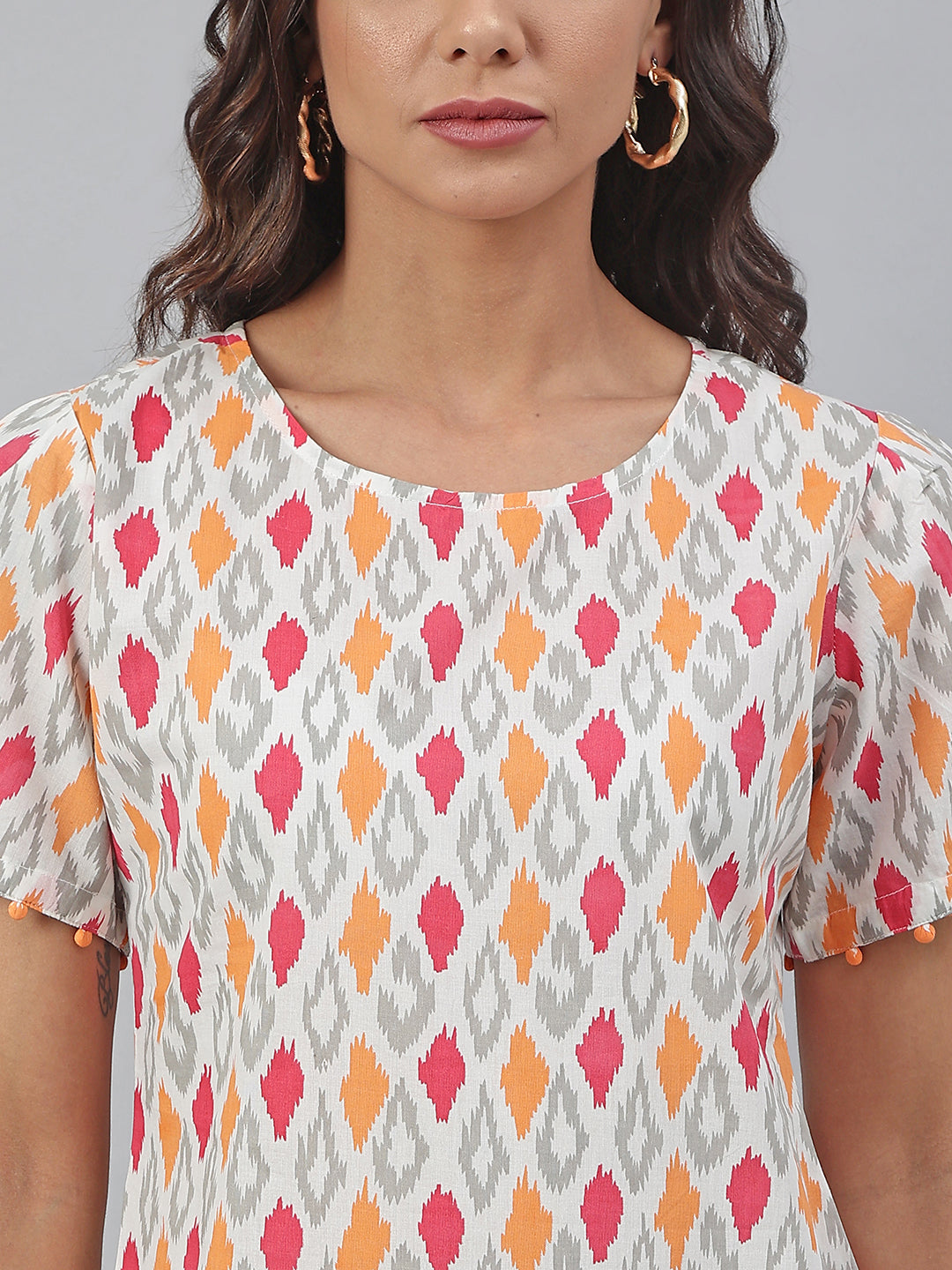 Janasya Women's Off White Cotton Printed A-line Western Dress 