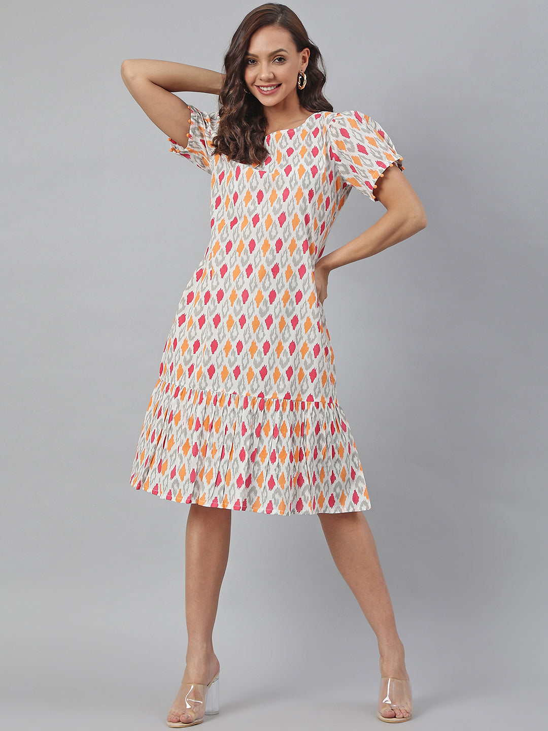 Janasya Women's Off White Cotton Printed A-line Western Dress 