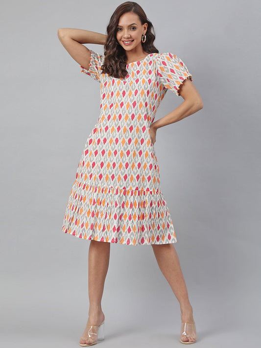 Janasya Women's Off White Cotton Printed A-line Western Dress 