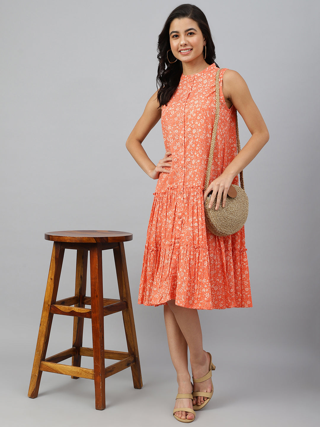 Janasya Women's Peach Cotton Floral Printed Flared Western Dress 