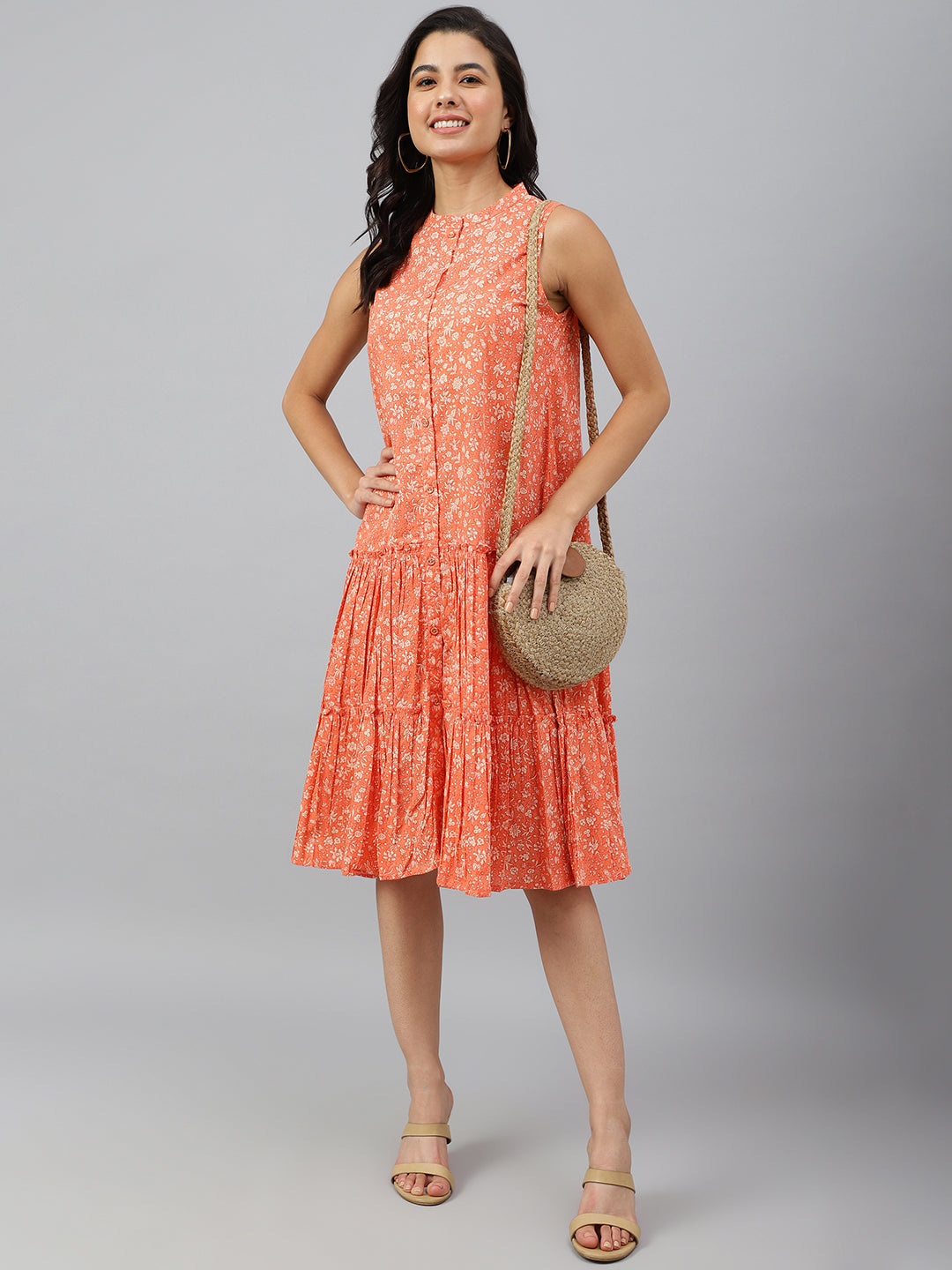 Janasya Women's Peach Cotton Floral Printed Flared Western Dress 