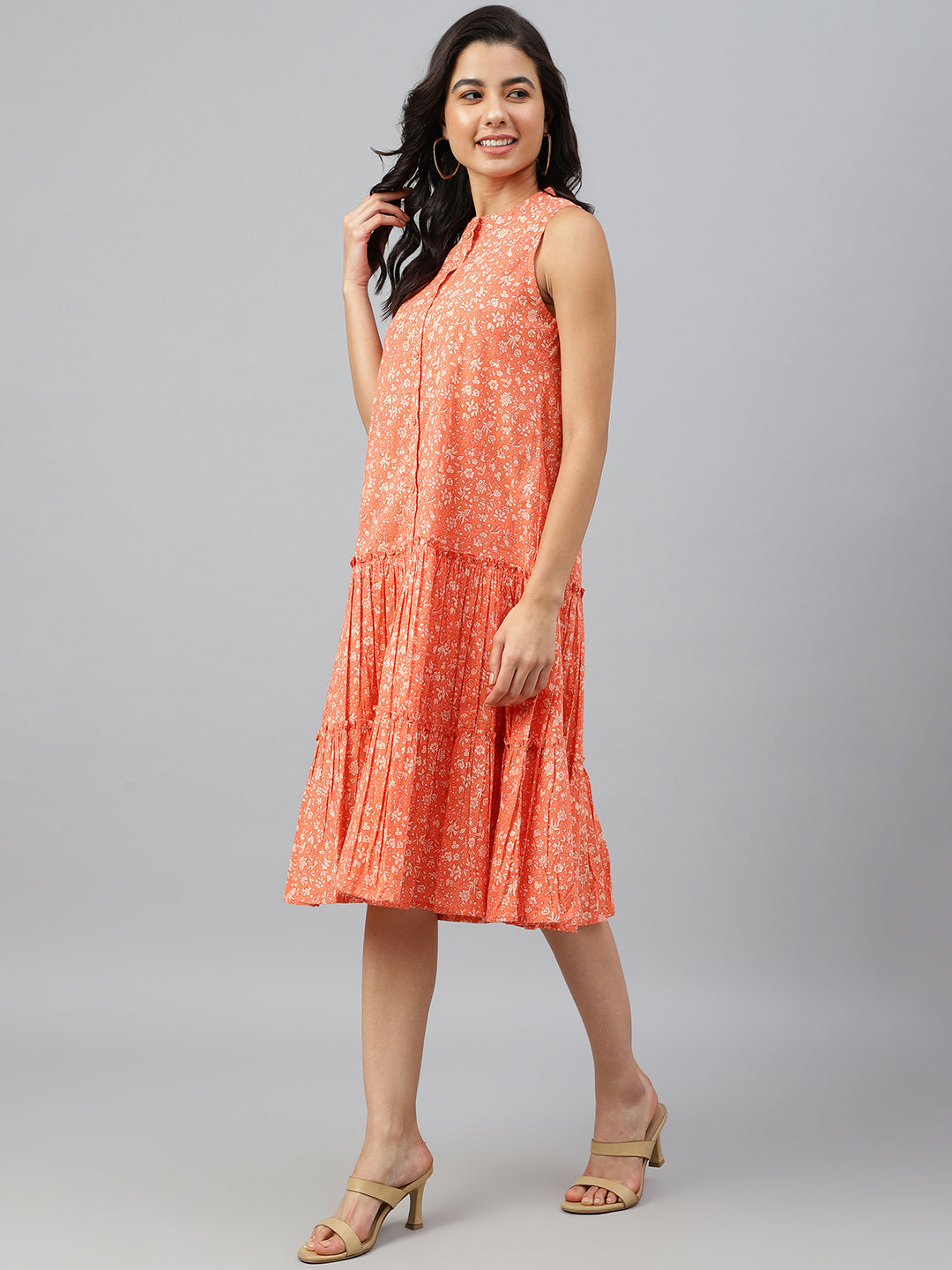 Janasya Women's Peach Cotton Floral Printed Flared Western Dress 