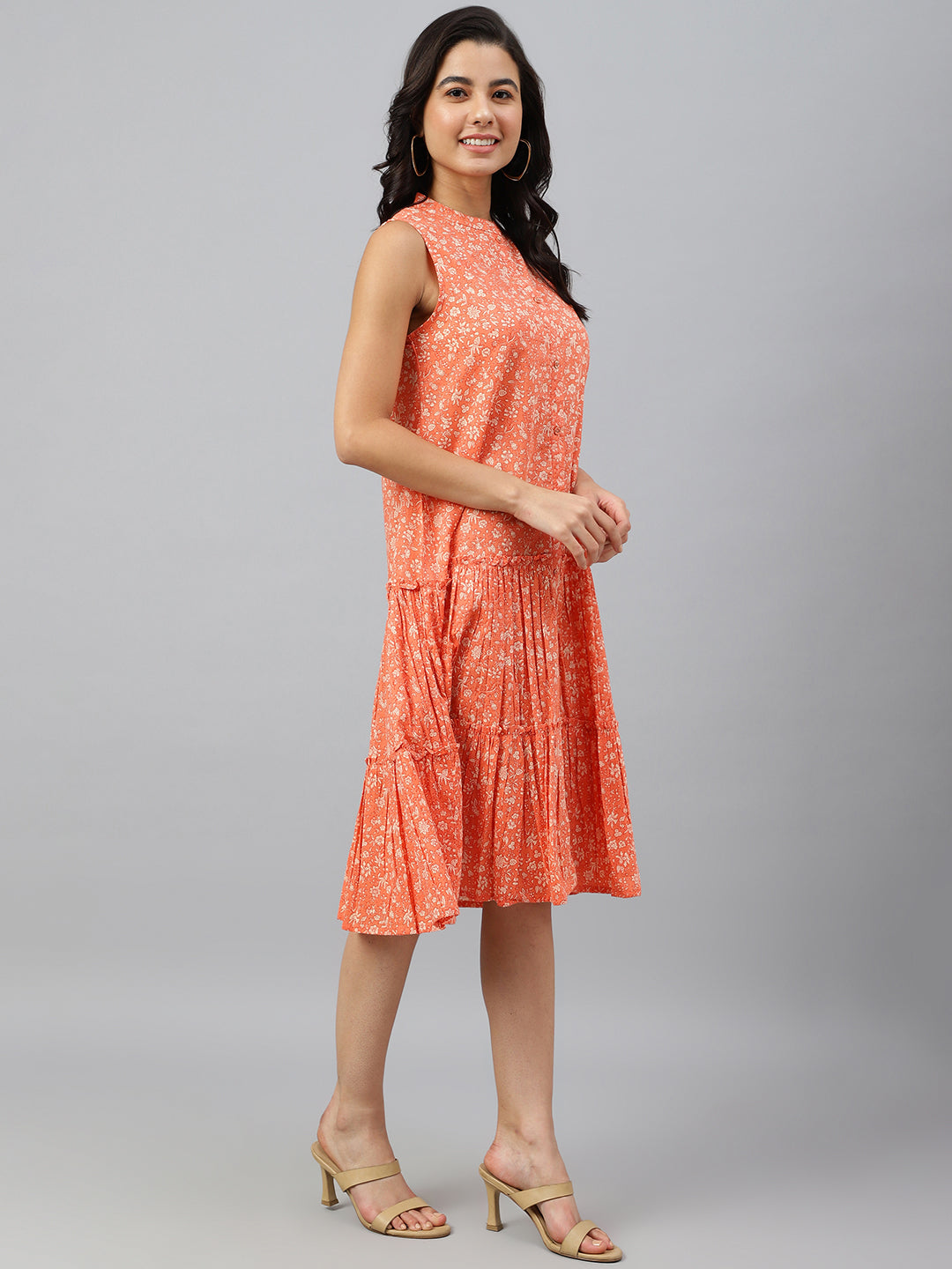 Janasya Women's Peach Cotton Floral Printed Flared Western Dress 