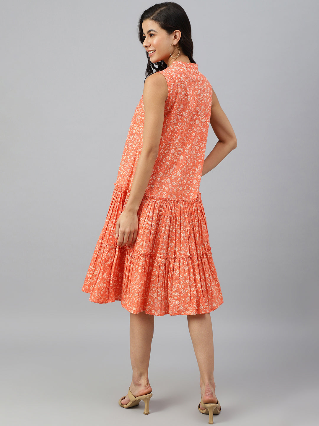 Janasya Women's Peach Cotton Floral Printed Flared Western Dress 