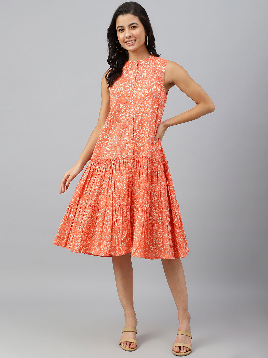 Janasya Women's Peach Cotton Floral Printed Flared Western Dress 