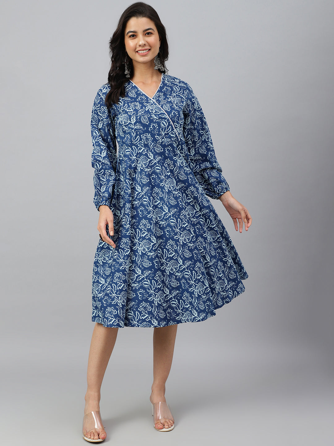 Janasya Women's Navy Blue Cotton Floral Printed Angrakha Western Dress 