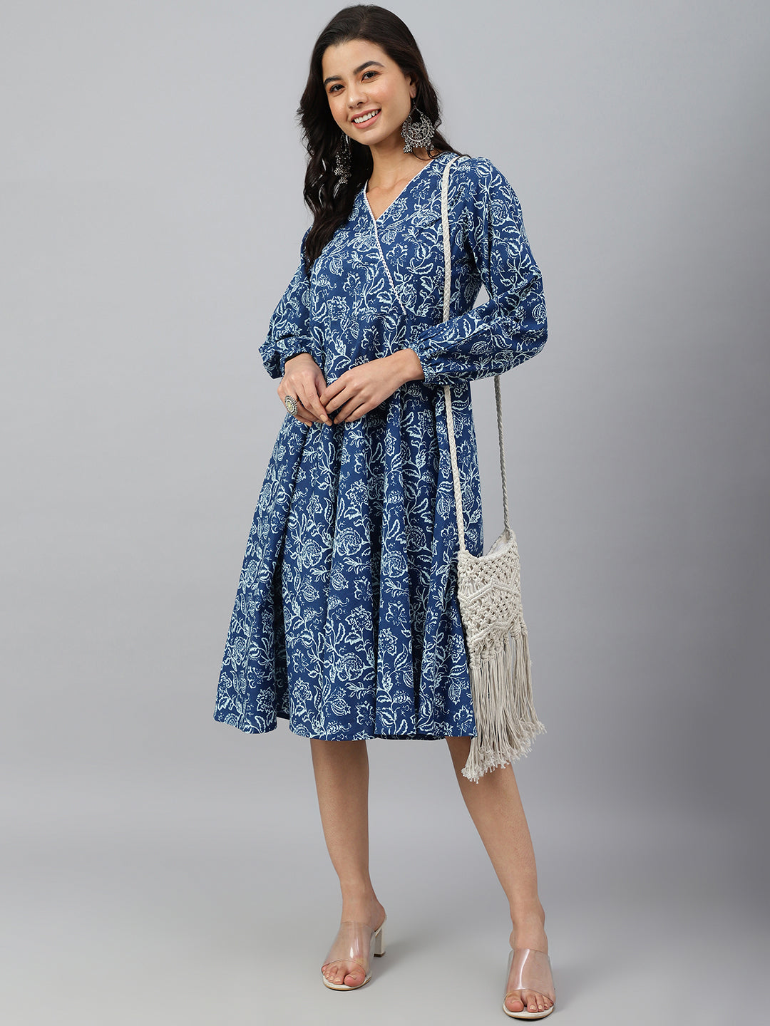 Janasya Women's Navy Blue Cotton Floral Printed Angrakha Western Dress 