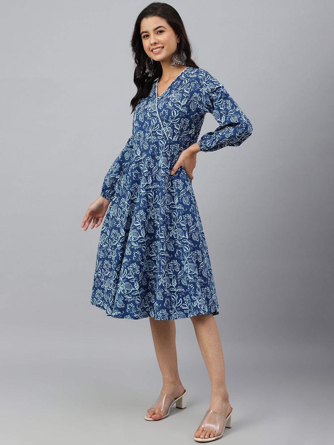 Janasya Women's Navy Blue Cotton Floral Printed Angrakha Western Dress 