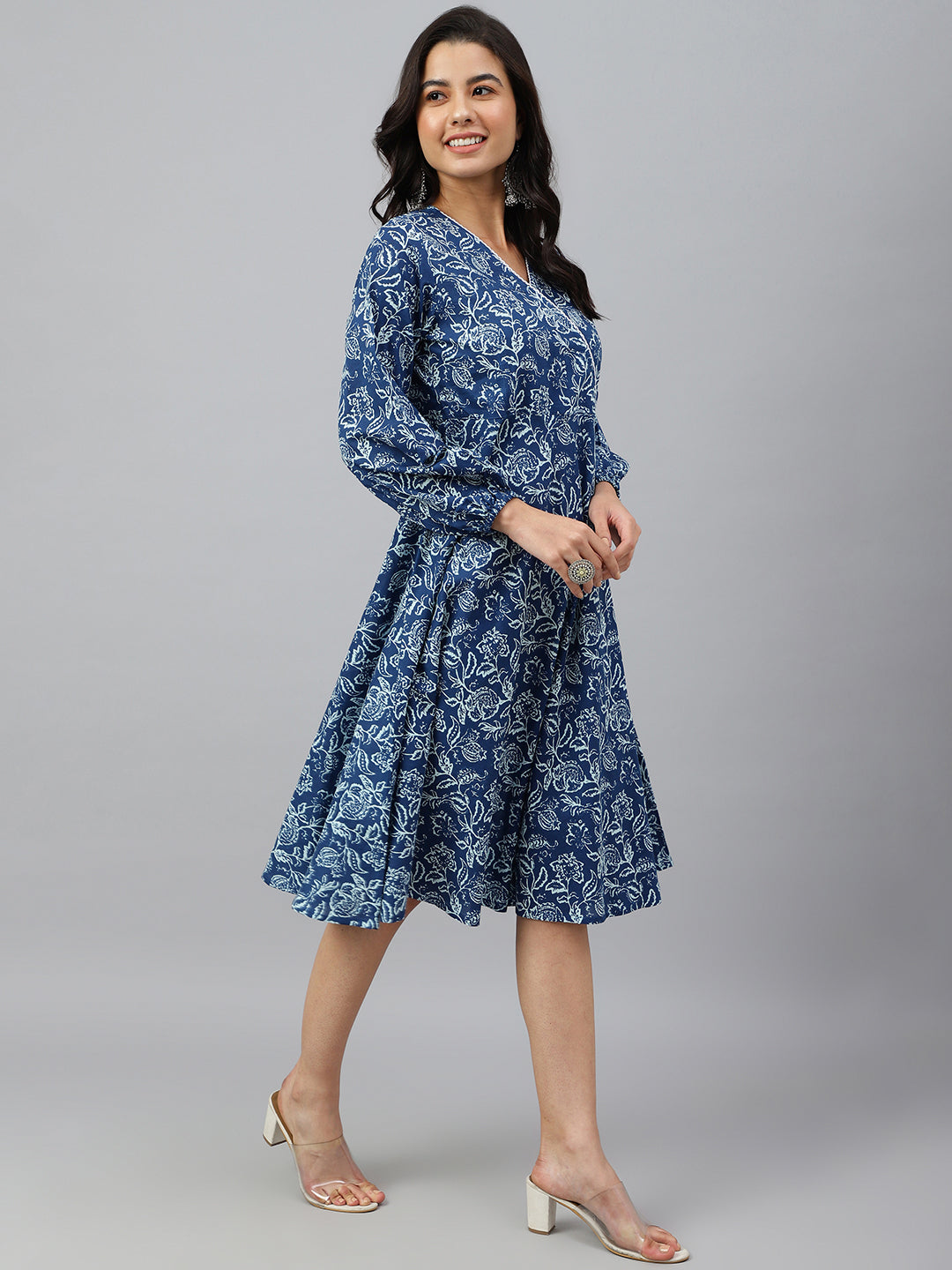 Janasya Women's Navy Blue Cotton Floral Printed Angrakha Western Dress 