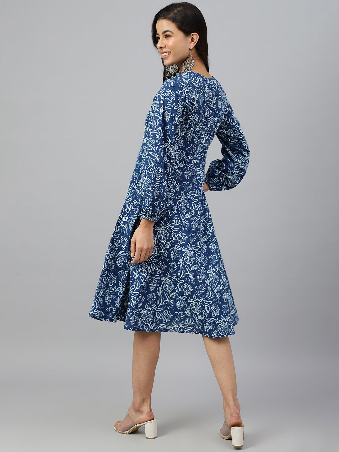 Janasya Women's Navy Blue Cotton Floral Printed Angrakha Western Dress 