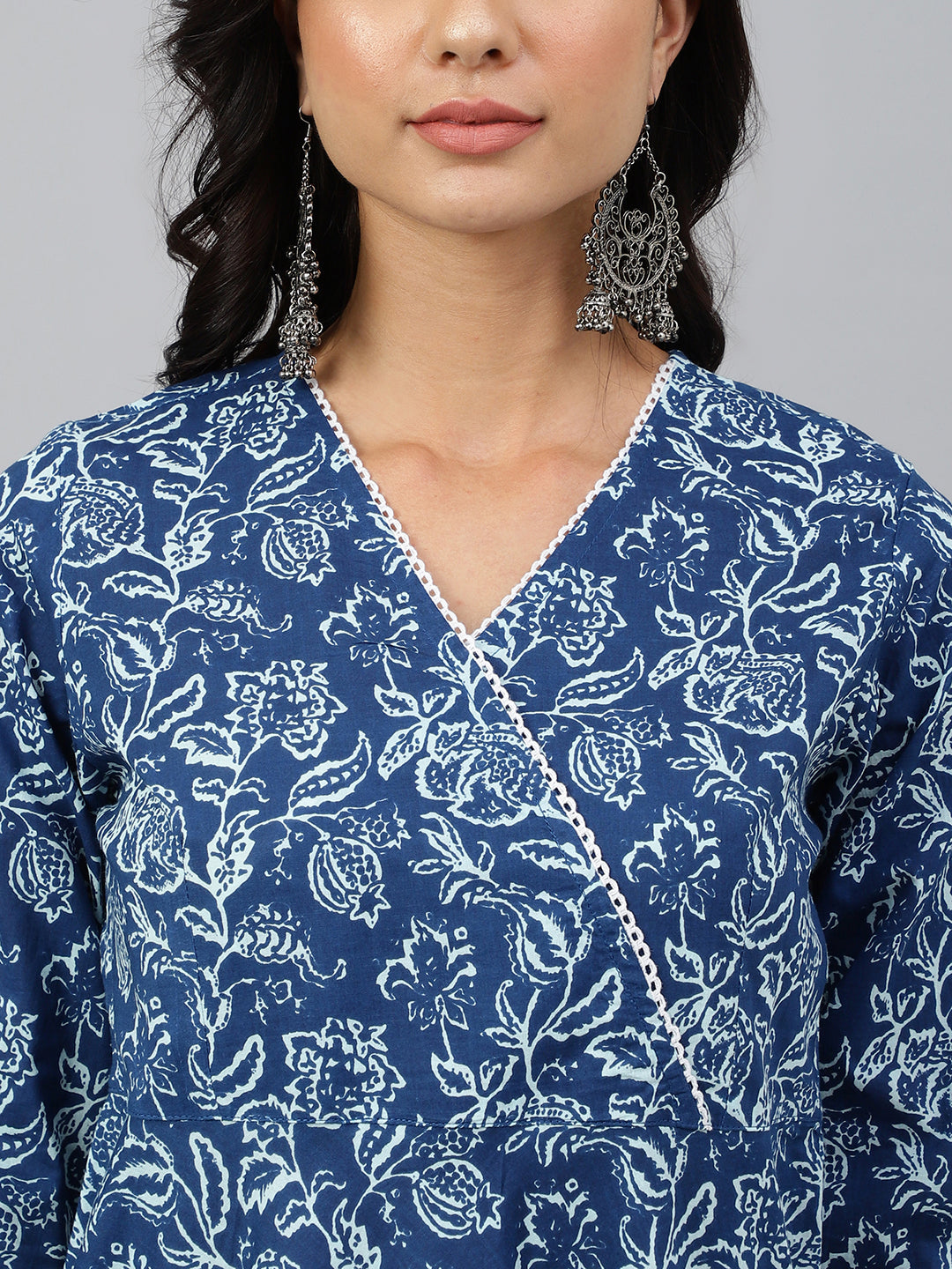 Janasya Women's Navy Blue Cotton Floral Printed Angrakha Western Dress 