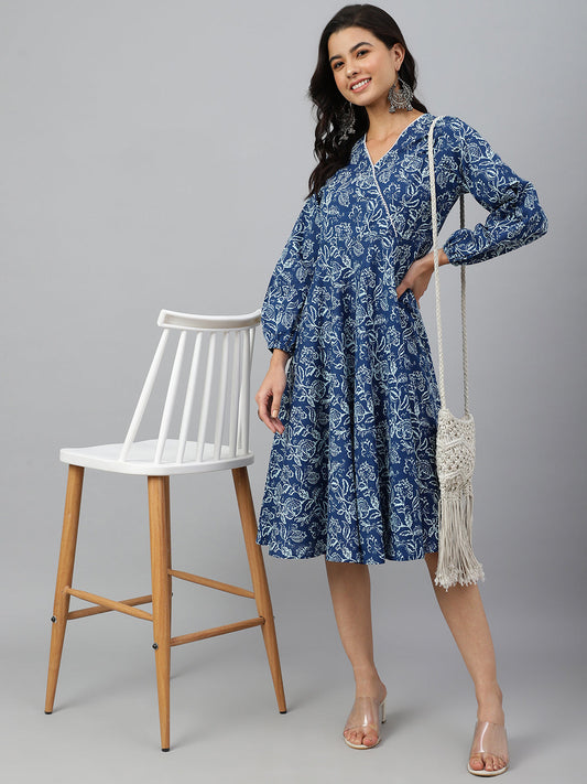 Janasya Women's Navy Blue Cotton Floral Printed Angrakha Western Dress 