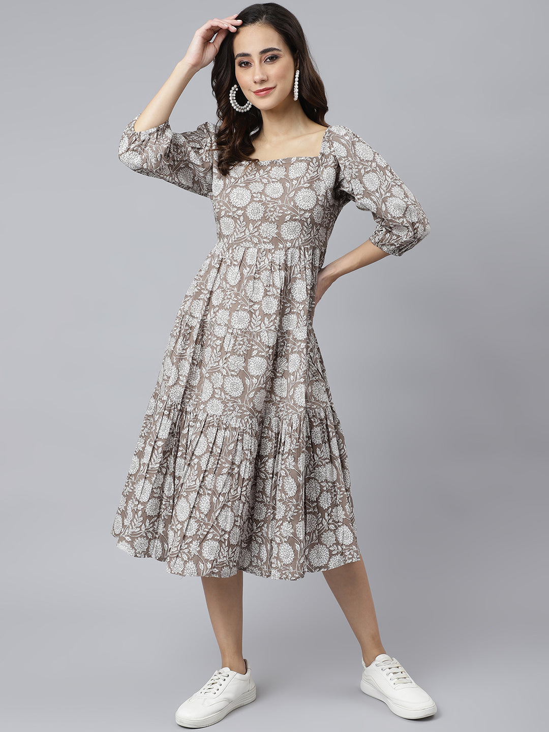 Janasya Women's Grey Cotton Floral Printed Flared Western Dress 