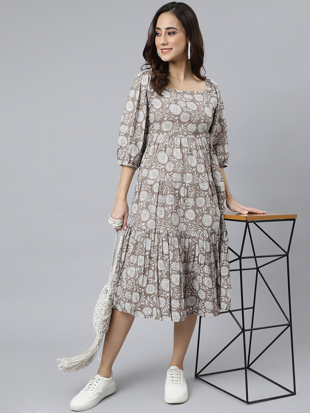 Janasya Women's Grey Cotton Floral Printed Flared Western Dress 