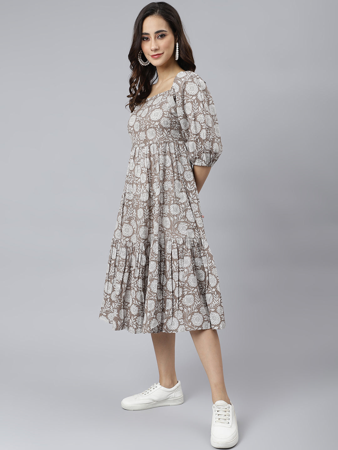Janasya Women's Grey Cotton Floral Printed Flared Western Dress 