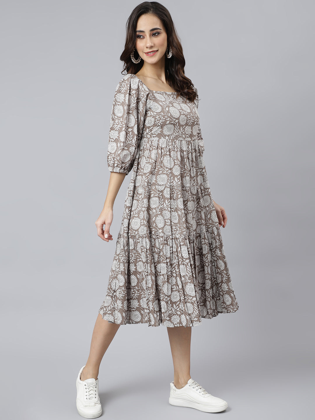 Janasya Women's Grey Cotton Floral Printed Flared Western Dress 