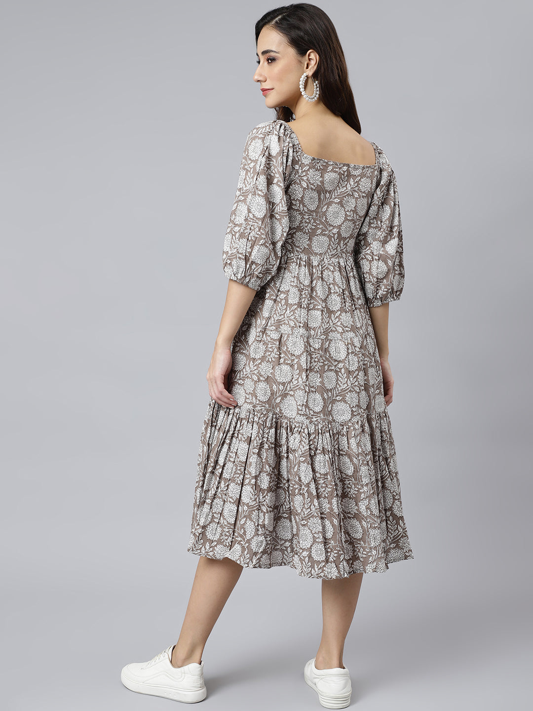 Janasya Women's Grey Cotton Floral Printed Flared Western Dress 